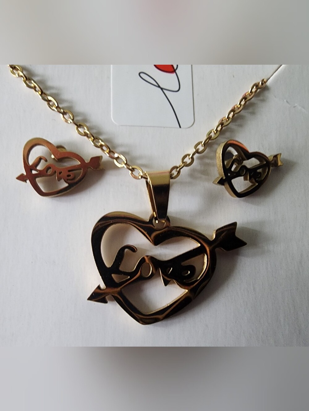 Delicate Gold Heart & Arrow Pendant Necklace with Matching Studs